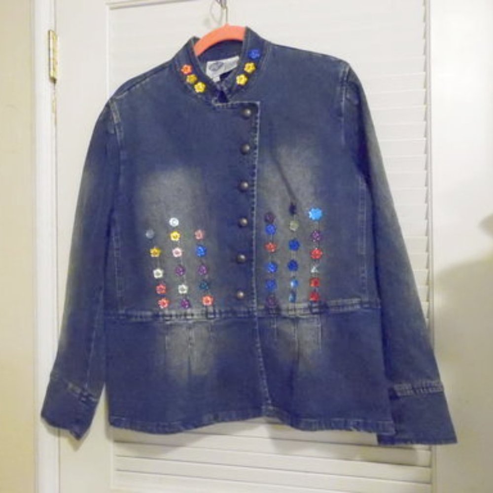DG2 By Diane Gilman Blue Denim Embellished Jean Jacket Size Large